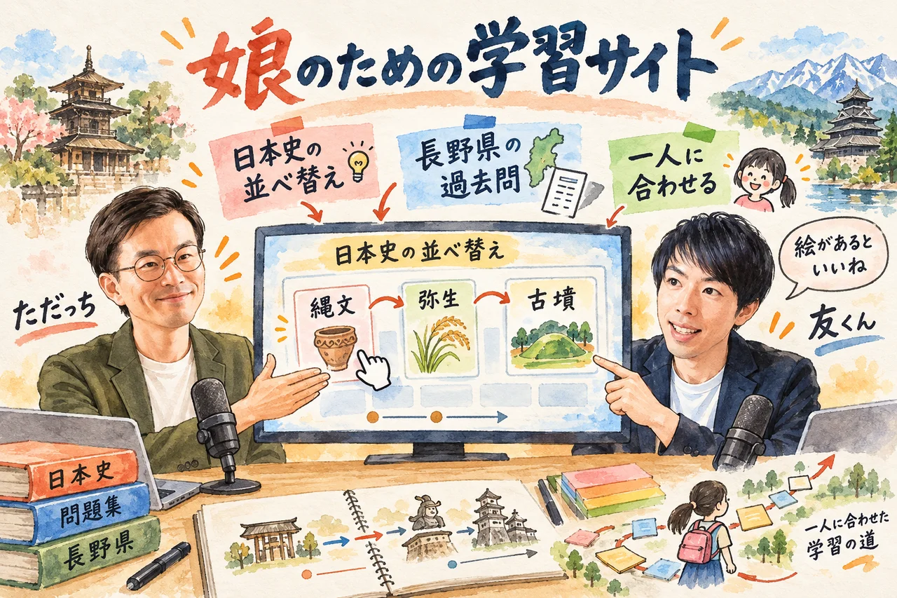ただっちのお嬢さん専用の学習サイト｜日本史の並べ替えと長野県の過去問に合わせた作りを、ただっちと友くんが話す場面