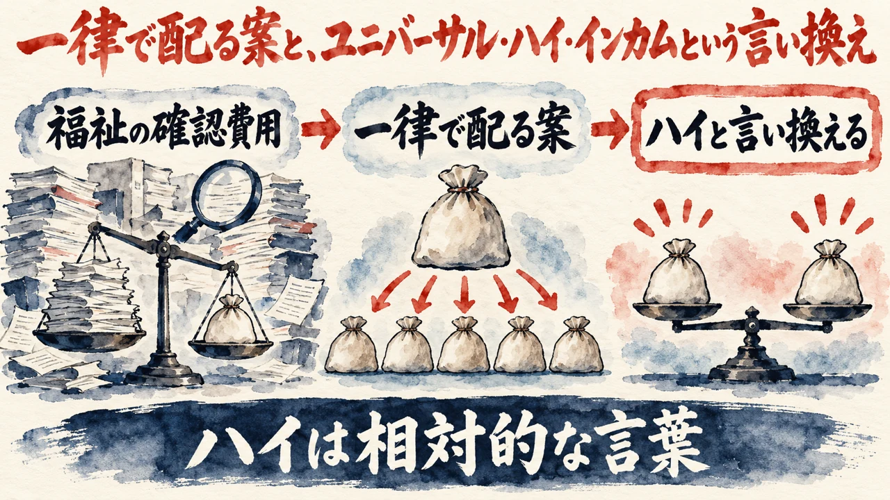 図解。福祉の確認費用、一律で配る案、ハイと言い換える、の三つの札が矢印で並び、下の帯にハイは相対的な言葉の文字