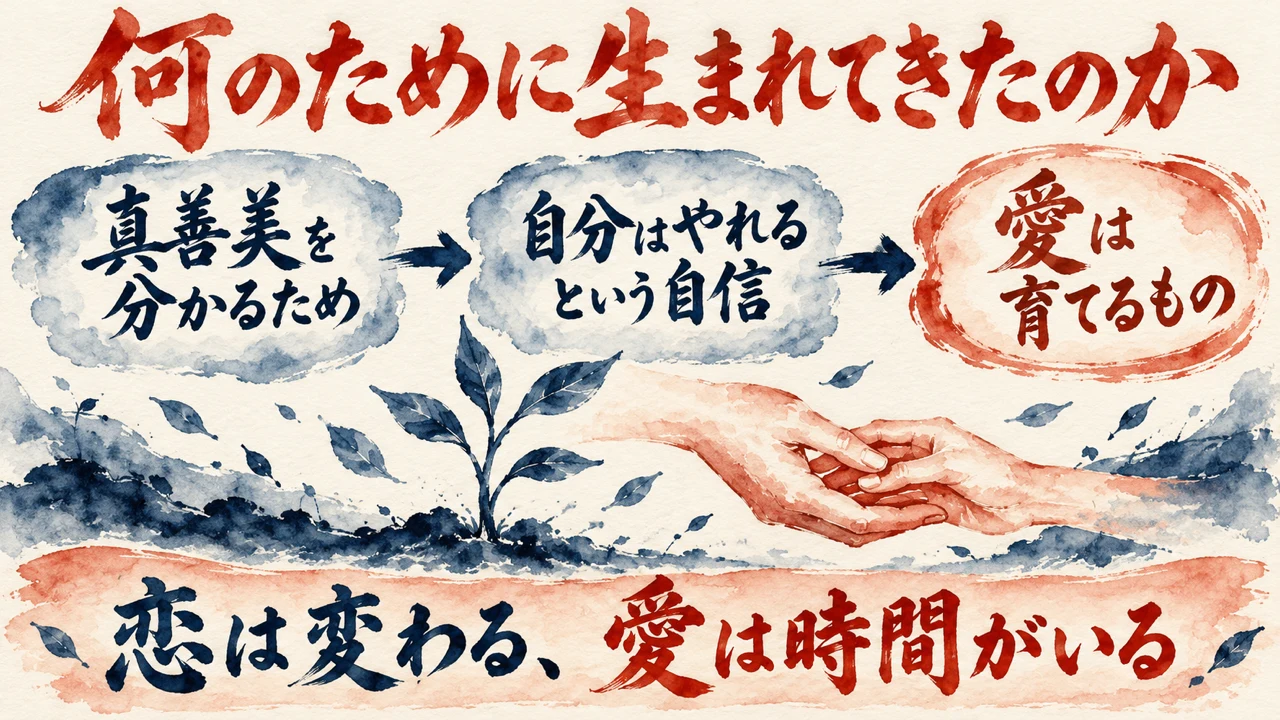 図解。真善美を分かるため、自分はやれるという自信、愛は育てるもの、の三つの札が並び、下の帯に恋は変わる、愛は時間がいるの文字。見出しは何のために生まれてきたのか