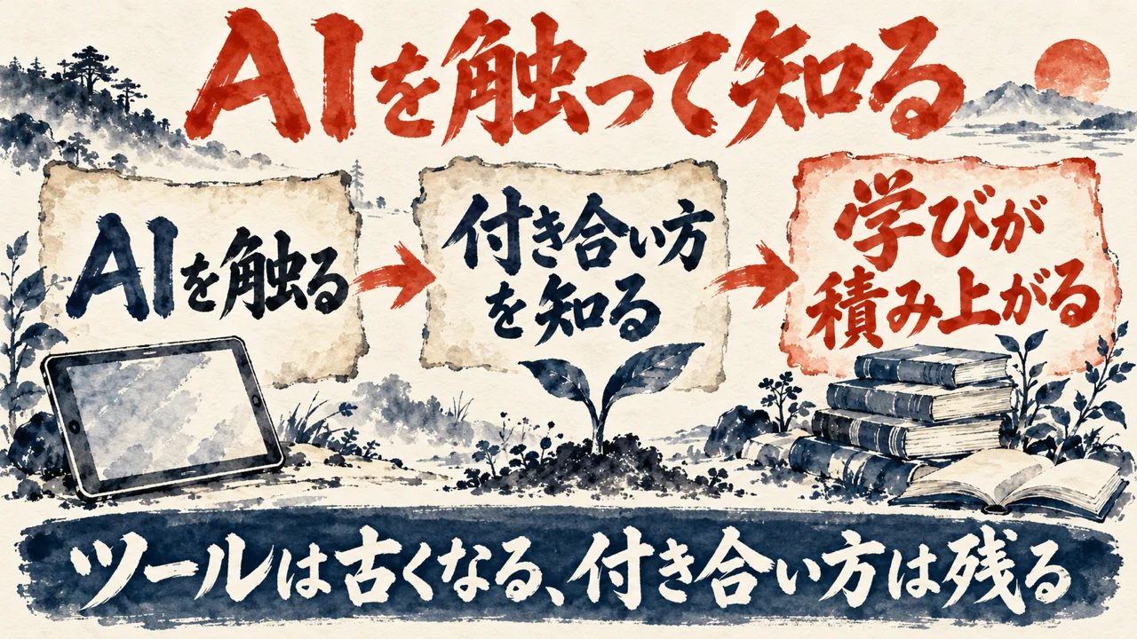 「AIを触る」の図解。「AIを触る」「付き合い方を知る」「学びが積み上がる」の三つの札と、積み重なる本の水彩画。下の帯に「ツールは古くなる、付き合い方は残る」