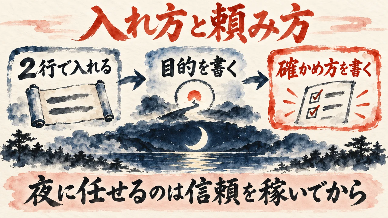 図解。2行で入れる、目的を書く、確かめ方を書く、の三つの札が並び、下の帯に夜に任せるのは信頼を稼いでからの文字