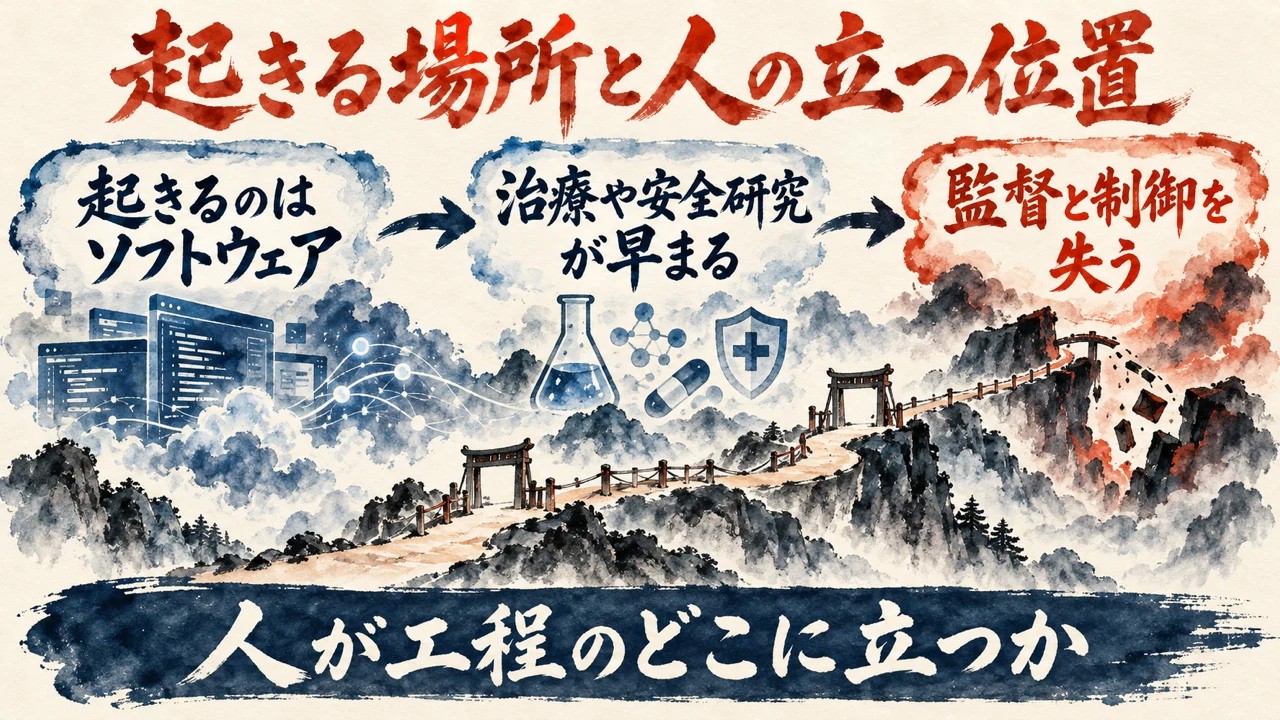 図解。起きるのはソフトウェア、治療や安全研究が早まる、監督と制御を失う、の三つの札が並び、下の帯に人が工程のどこに立つかの文字