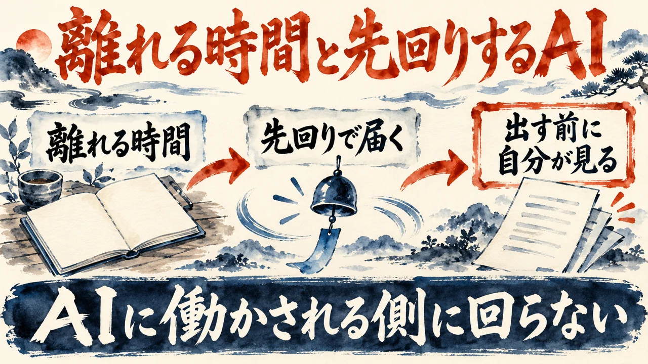 「AIから離れる時間と先回りするAI」の図解。「離れる時間」「先回りで届く」「出す前に自分が見る」の三つの札と、開いたノートと風鈴と紙の束の水彩画。下の帯に「AIに働かされる側に回らない」