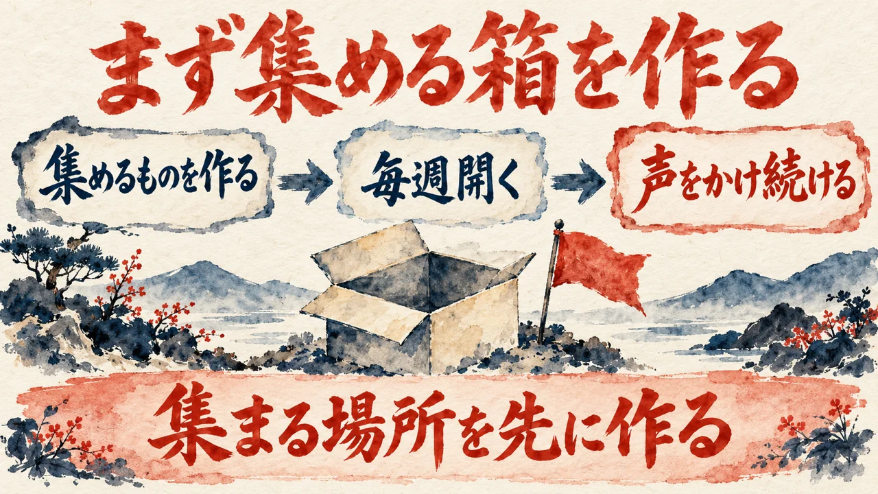 「まず集める箱を作る」の図解。「集めるものを作る」「毎週開く」「声をかけ続ける」の三つの札が矢印で並び、空の箱と小さな旗の水彩画。下の帯に「集まる場所を先に作る」