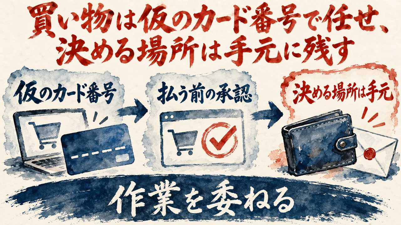 図解。仮のカード番号、払う前の承認、決める場所は手元、の三つの札が矢印で並び、下の帯に作業を委ねるの文字