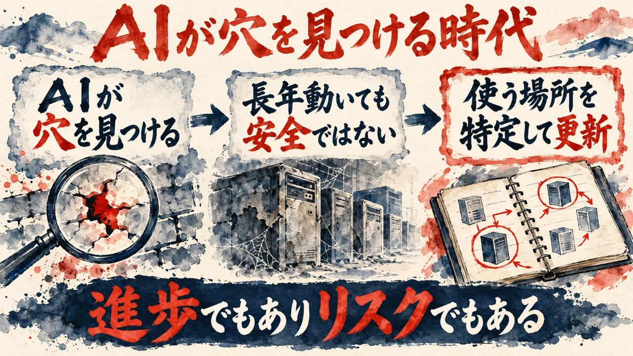 図解。AIが穴を見つける、長年動いても安全ではない、使う場所を特定して更新、の三つの札が矢印で並び、ひび割れた壁を映す虫眼鏡、古びたサーバー、帳面の水彩画が添えられ、下の帯に進歩でもありリスクでもあるの文字。見出しはAIが穴を見つける時代