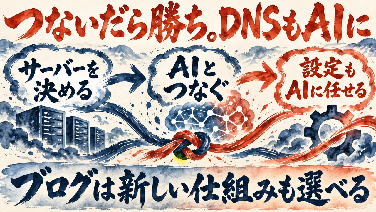 図解。サーバーを決める、AIとつなぐ、設定もAIに任せる、の三つの札が矢印で並び、二本の糸が結ばれる水彩画が添えられ、下の帯にブログは新しい仕組みも選べるの文字。見出しはつないだら勝ち。DNSもAIに