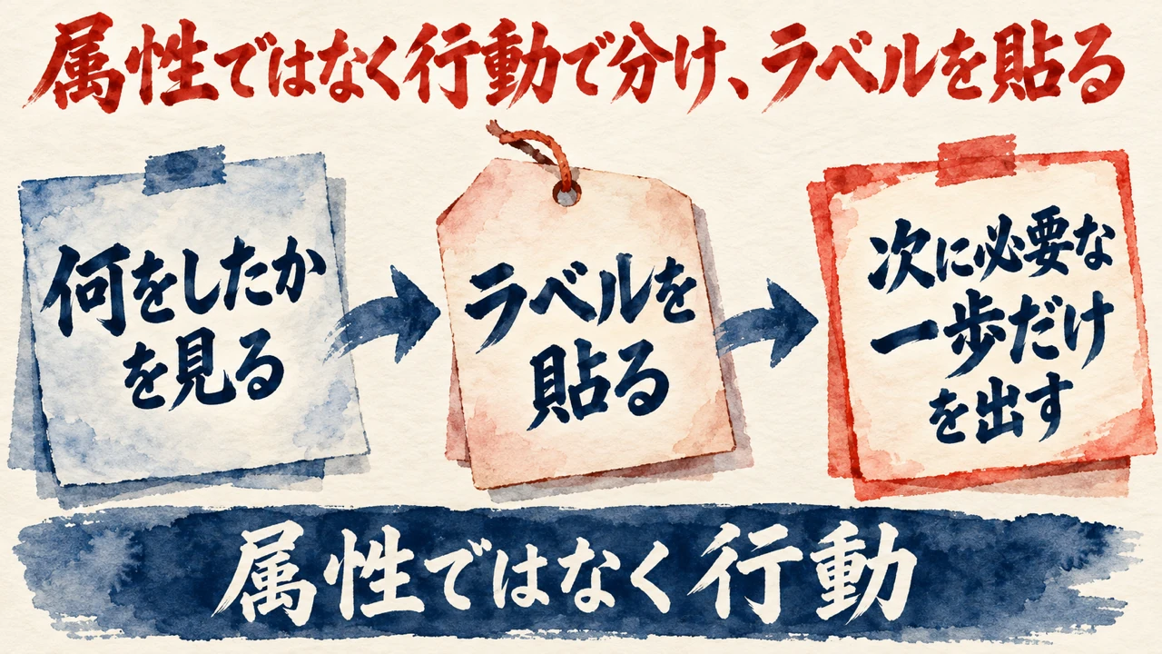 図解。何をしたかを見る、ラベルを貼る、次に必要な一歩だけを出す、の三つの札が矢印で並び、下の帯に属性ではなく行動の文字。見出しは属性ではなく行動で分け、ラベルを貼る