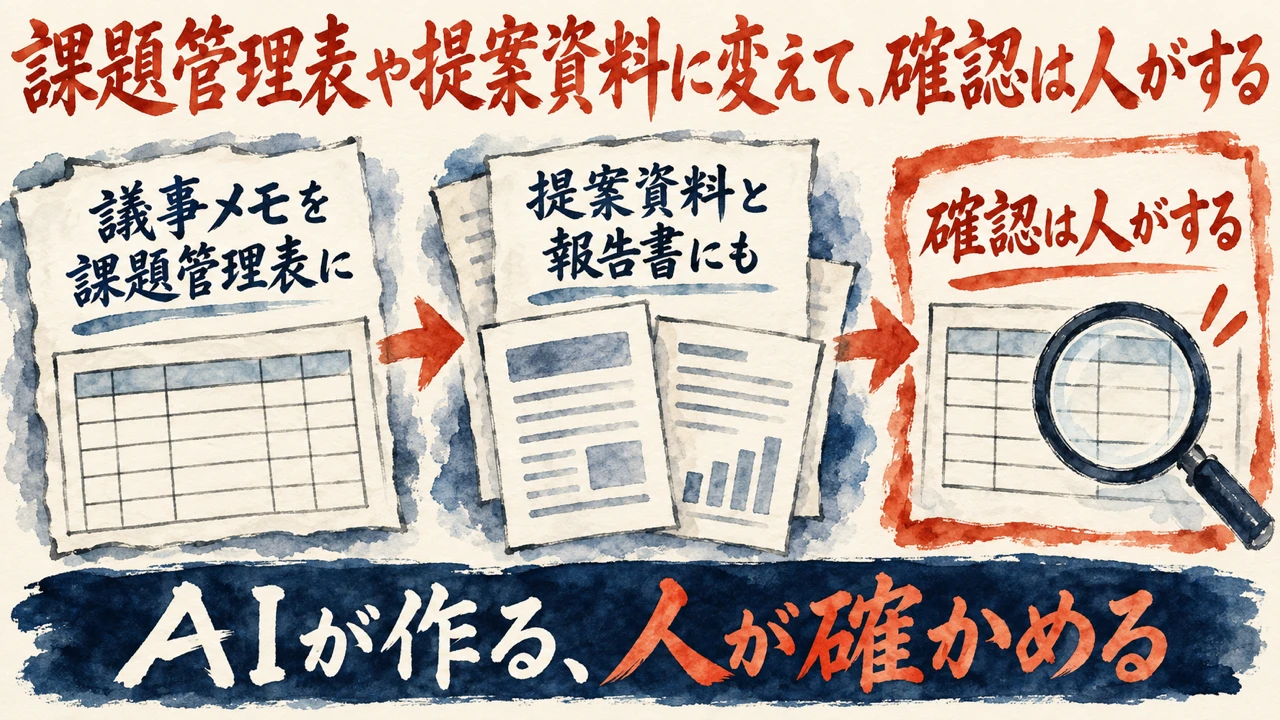 図解。議事メモを課題管理表に、提案資料と報告書にも、確認は人がする、の三つの札が矢印で並び、表の紙と虫眼鏡の水彩画が描かれ、下の帯にAIが作る人が確かめるの文字。見出しは課題管理表や提案資料に変えて、確認は人がする