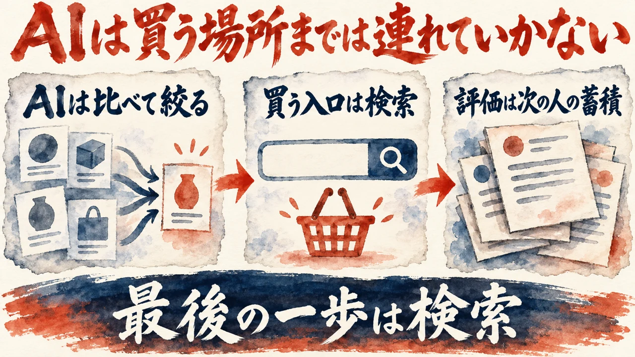 図解。AIは比べて絞る、最後は検索で買う、評価は次の人の蓄積、の三つの札に、検索窓と買い物かごの水彩画が描かれている。見出しはAIは買う場所までは連れていかない