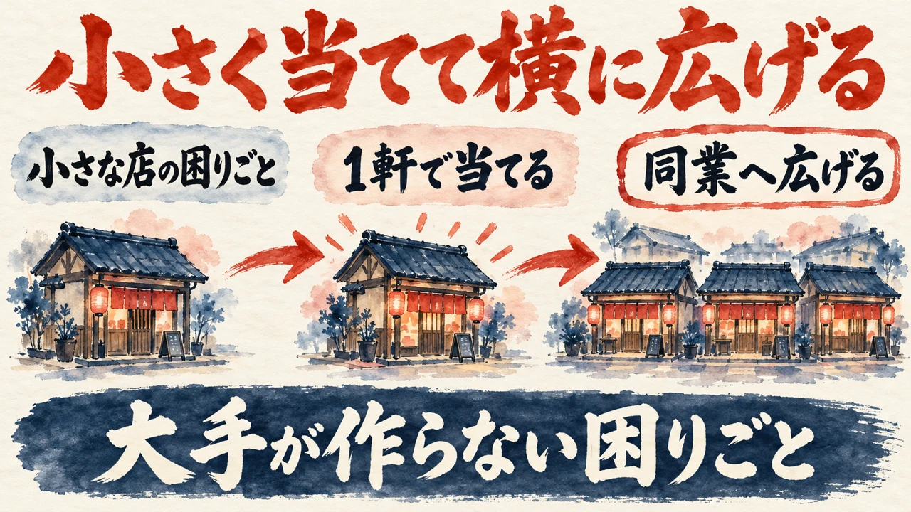 図解。見出しは小さく当てて横に広げる。小さな店の困りごと、1軒で当てる、同業へ広げる、の三つの札と、一軒の店から並ぶ店へ広がる絵。下の帯に大手が作らない困りごと