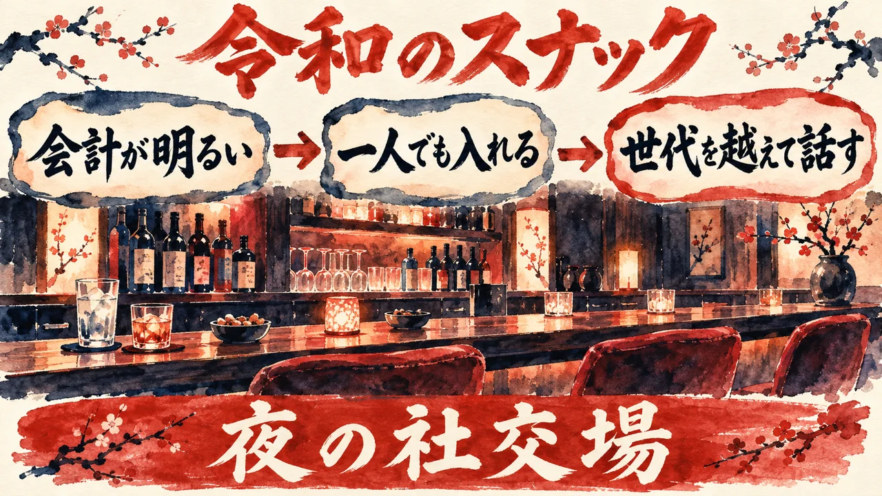 図解。会計が明るい、一人でも入れる、世代を越えて話す、の三つの札が矢印で並び、灯りのともるカウンターの水彩画が添えられ、下の帯に夜の社交場の文字。見出しは令和のスナック