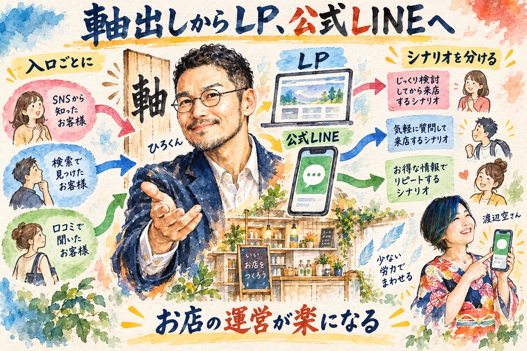 ひろくんと空さんが、入ってきた経路ごとに案内を分ける流れを示すグラレコ