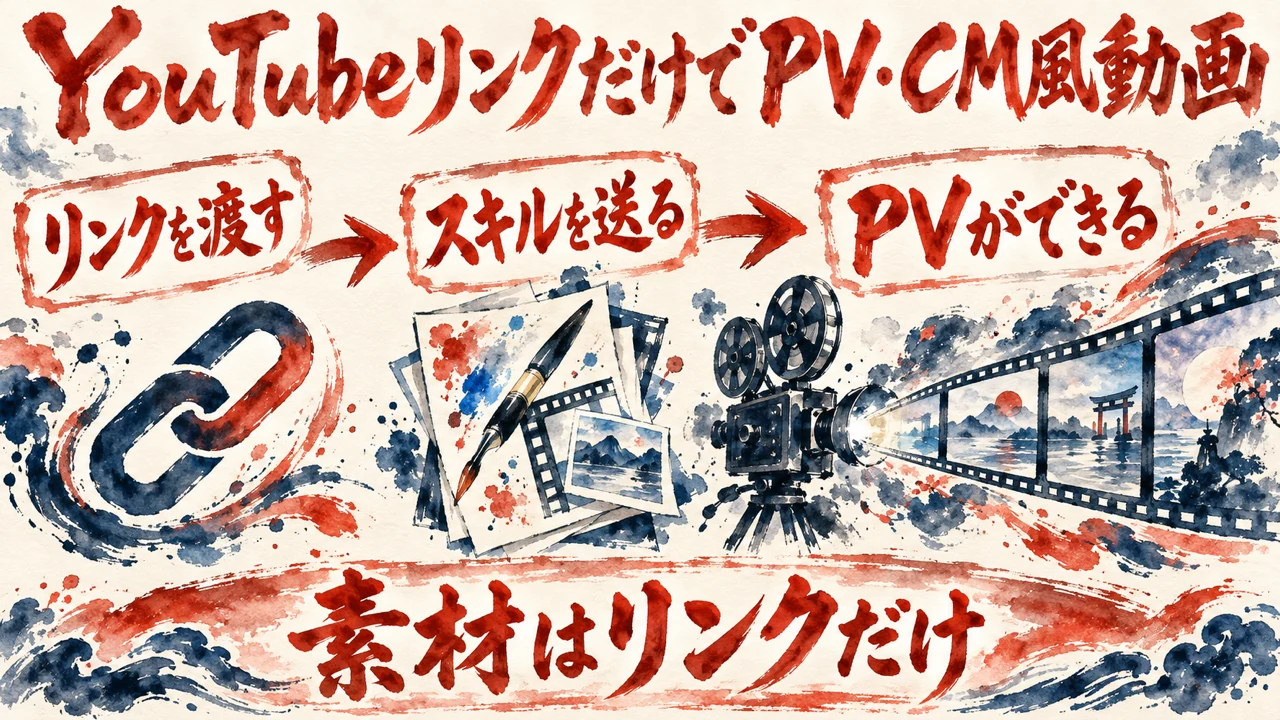 図解 YouTubeのリンクを渡し、スキルを送ると、セミナー向けのPV・CM風動画ができる流れ。リンクと映写機の水彩の絵