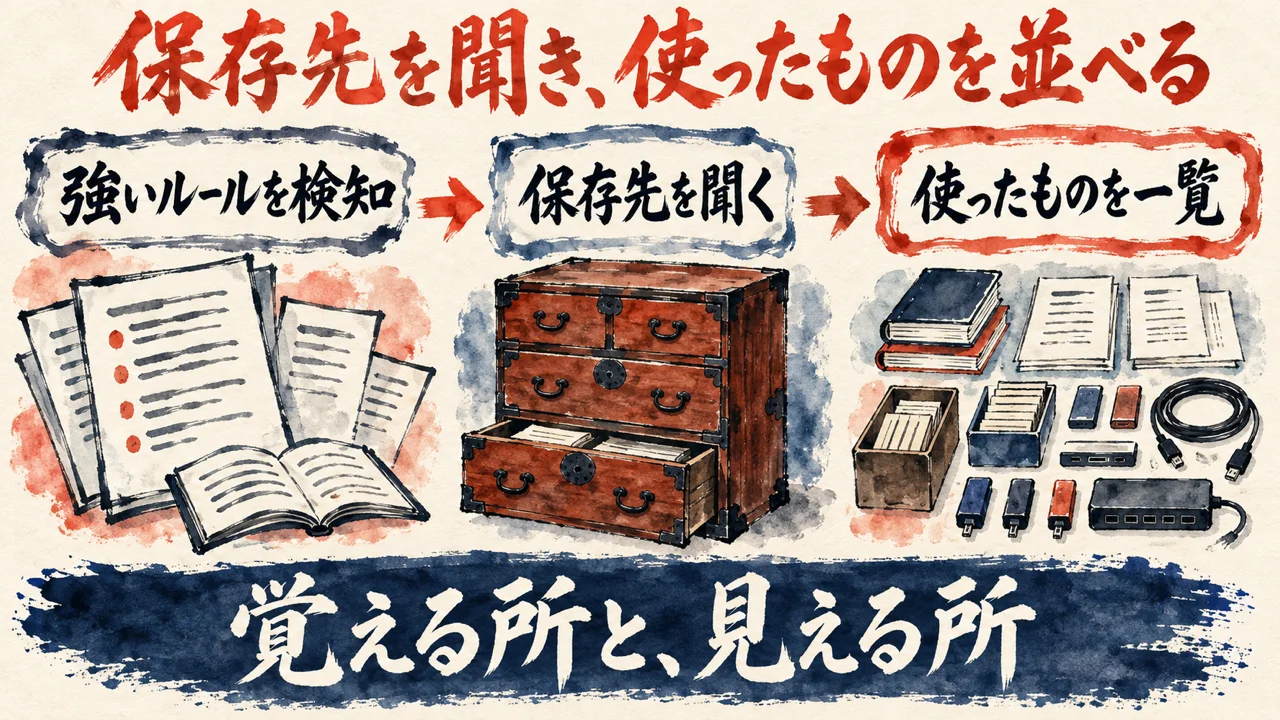 強いルールを検知した書類から、保存先を聞く箪笥へ、使ったものを一覧にした道具へ進む水彩の図解