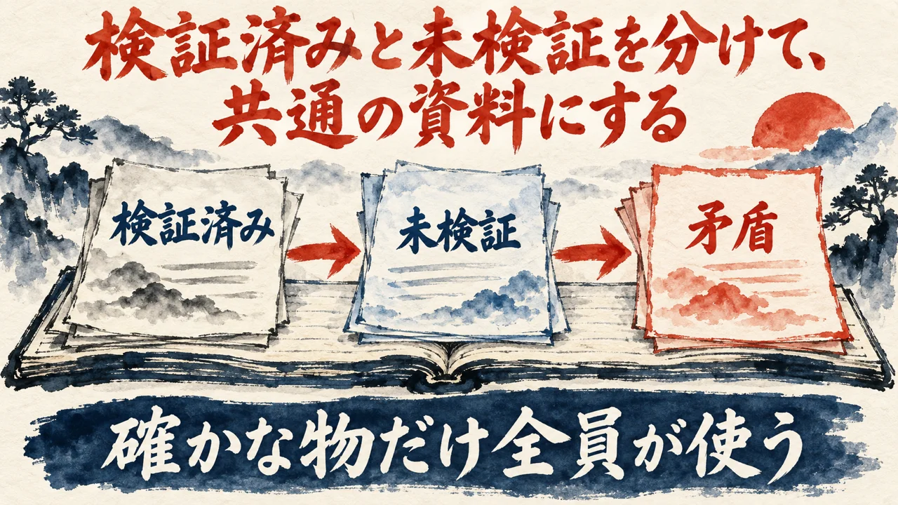 検証済みと未検証を分けて共通の資料にする、という図。検証済み、未検証、矛盾の3つの資料が並ぶ