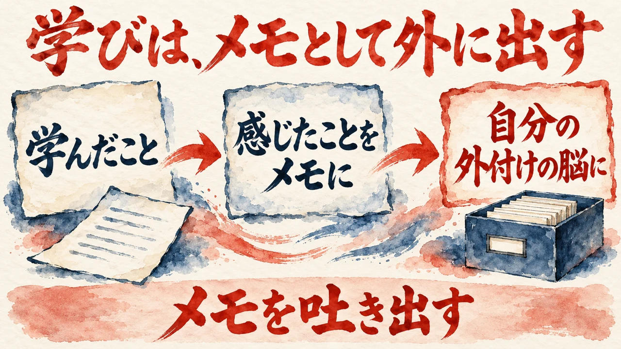 図解。学んだこと、感じたことをメモに、自分の外付けの脳に、の三つの札に、一枚のメモと小さな箱の水彩画が描かれ、下の帯にメモを吐き出すの文字。見出しは学びは、メモとして外に出す