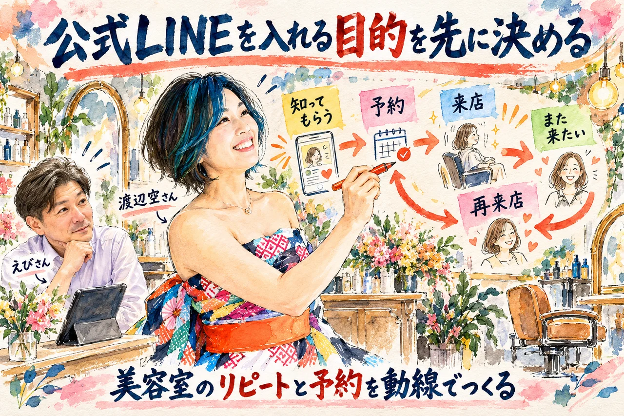 公式LINEを入れる目的を先に決め、知ってもらう、予約、来店、再来店へつなぐ動線を、渡辺空さんが描くグラレコ
