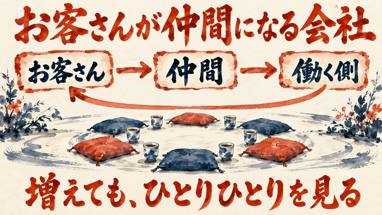 図解。見出しはお客さんが仲間になる会社。お客さん、仲間、働く側、の三つの札が矢印で並び、右の札から左の札へ戻る矢印があり、輪になった座布団と湯のみの水彩画、下の帯に増えても、ひとりひとりを見る