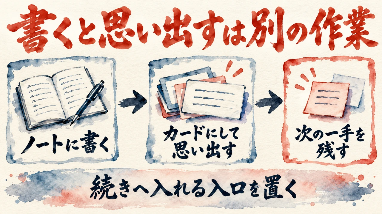 「書くと思い出すは別の作業」の図解。「ノートに書く」「カードにして思い出す」「次の一手を残す」の三つの札が矢印で並び、下の帯に「続きへ入れる入口を置く」