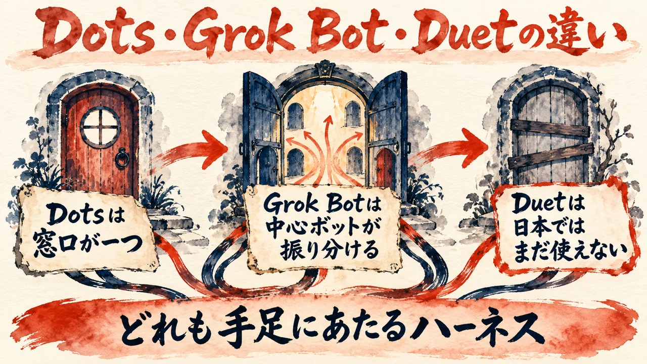 図解。見出しはDots・Grok Bot・Duetの違い。Dotsは窓口が一つ、Grok Botは中心ボットが振り分ける、Duetは日本ではまだ使えない、の三つの札が矢印で並び、下の帯にどれも手足にあたるハーネス