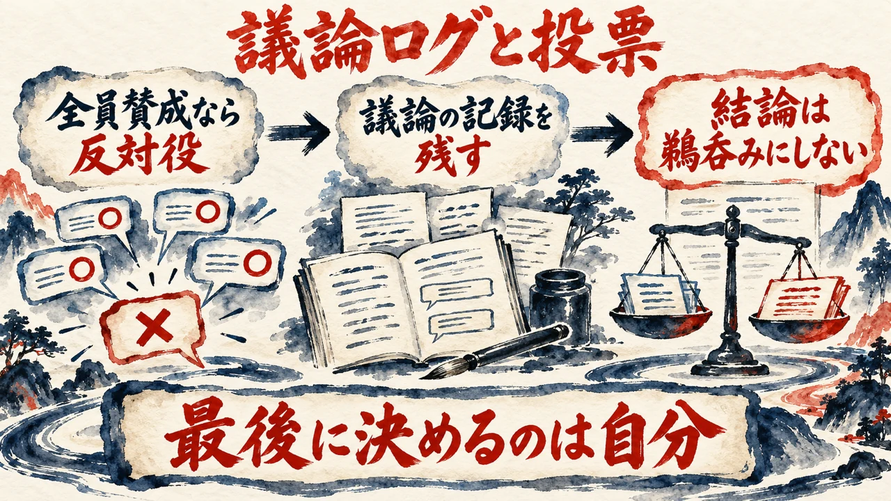 図解。全員賛成なら反対役、議論の記録を残す、結論は鵜呑みにしない、の三つの札が矢印で並び、天秤の水彩画が添えられ、下の帯に最後に決めるのは自分の文字。見出しは議論ログと投票、鵜呑みにしない