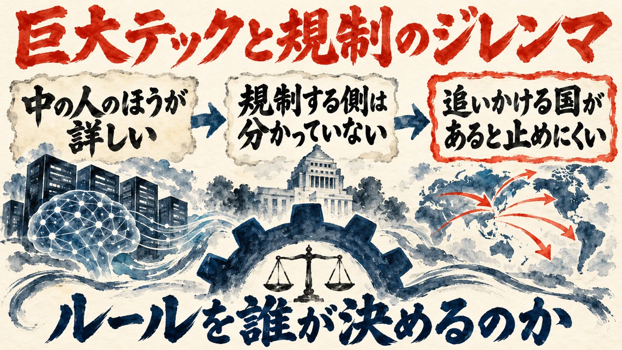図解。見出しは巨大テックと規制のジレンマ。中の人のほうが詳しい、規制する側は分かっていない、追いかける国があると止めにくい、の三つの札が矢印で並び、下の帯にルールを誰が決めるのか