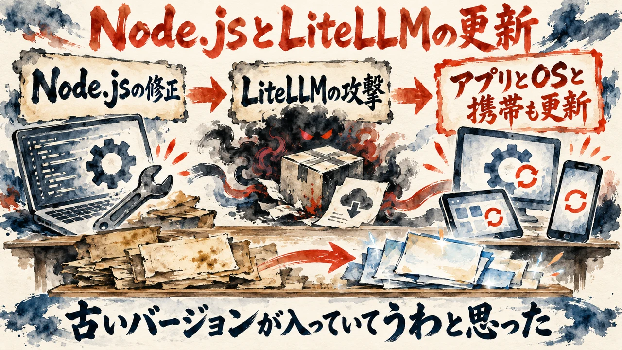図解。見出しはNode.jsとLiteLLMの更新。Node.jsの修正、LiteLLMの攻撃、アプリとOSと携帯も更新、の三つの札が矢印で並び、下の帯に古いバージョンが入っていてうわと思った