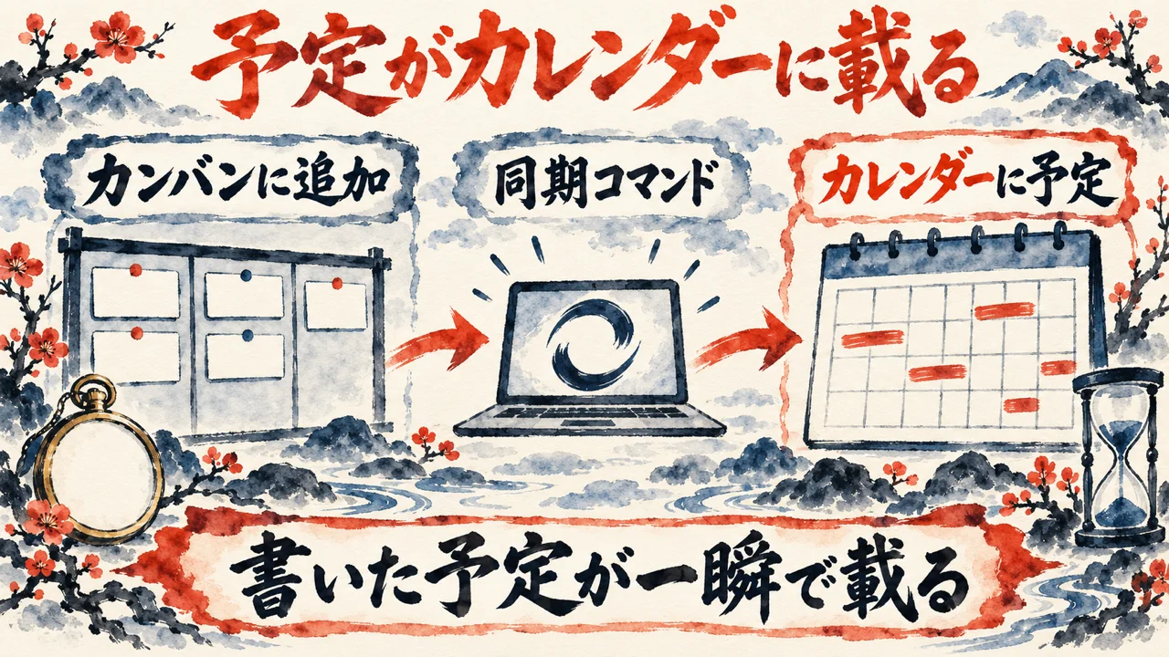 「予定がカレンダーに載る」の図解。「カンバンに追加」「同期コマンド」「カレンダーに予定」の三つの札と、時計の水彩画。下の帯に「書いた予定が一瞬で載る」