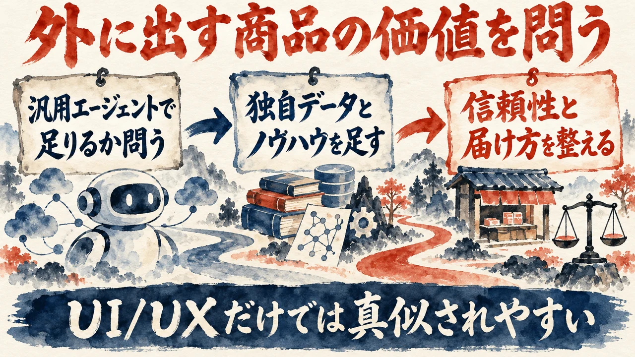 図解。汎用エージェントで足りるか問う、独自データとノウハウを足す、信頼性と届け方を整える、の三つの札が矢印で並び、水彩画が添えられている
