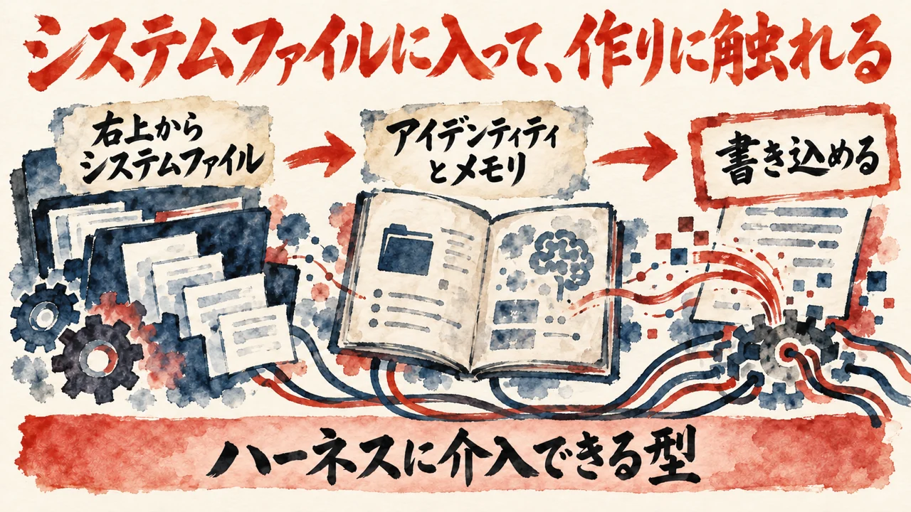 図解。右上からシステムファイル、アイデンティティとメモリ、書き込める、の三つの札に、歯車と開いた帳面の水彩画が描かれ、下の帯にハーネスに介入できる型の文字。見出しはシステムファイルに入って、作りに触れる