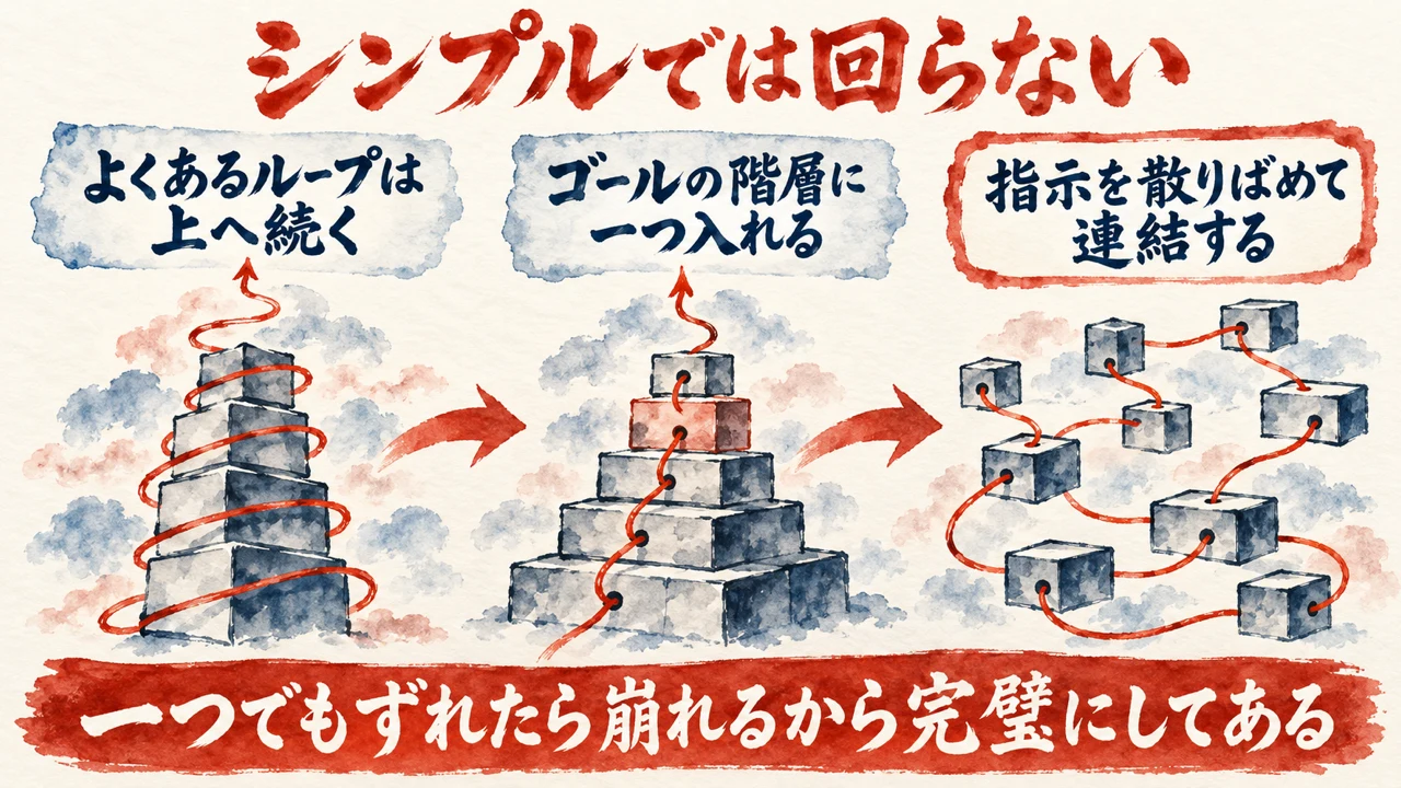 図解。よくあるループは上へ続く、ゴールの階層に一つ入れる、指示を散りばめて連結する、の三つの札が矢印で並び、水彩画が添えられている