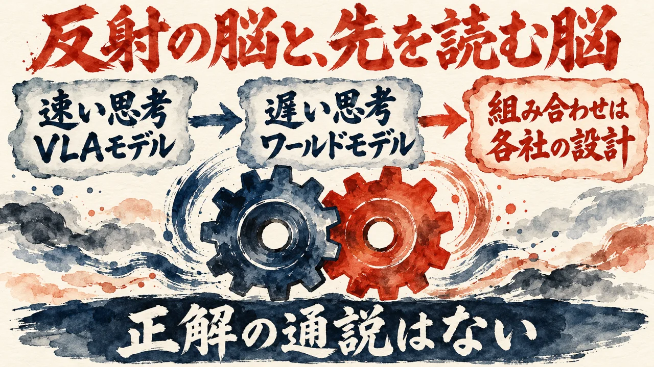 図解。速い思考のVLAモデル、遅い思考のワールドモデル、組み合わせは各社の設計、の三つの札と、かみ合う二つの歯車の水彩画。下の帯に正解の通説はないの文字。見出しは反射の脳と、先を読む脳