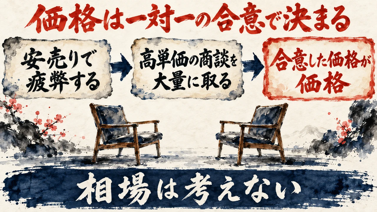 図解。安売りで疲弊する、高単価の商談を大量に取る、合意した価格が価格、の三つの札が矢印で並び、下の帯に相場は考えないの文字。見出しは価格は1対1の合意で決まる