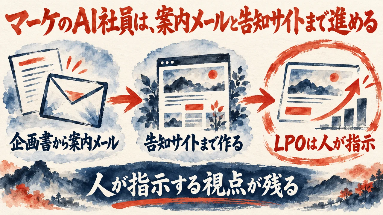 図解。企画書から案内メール、告知サイト、LPOは人が指示、の三つの札に、手紙と小さな家の水彩画が描かれている。見出しはマーケのAI社員は、案内メールと告知サイトまで進める
