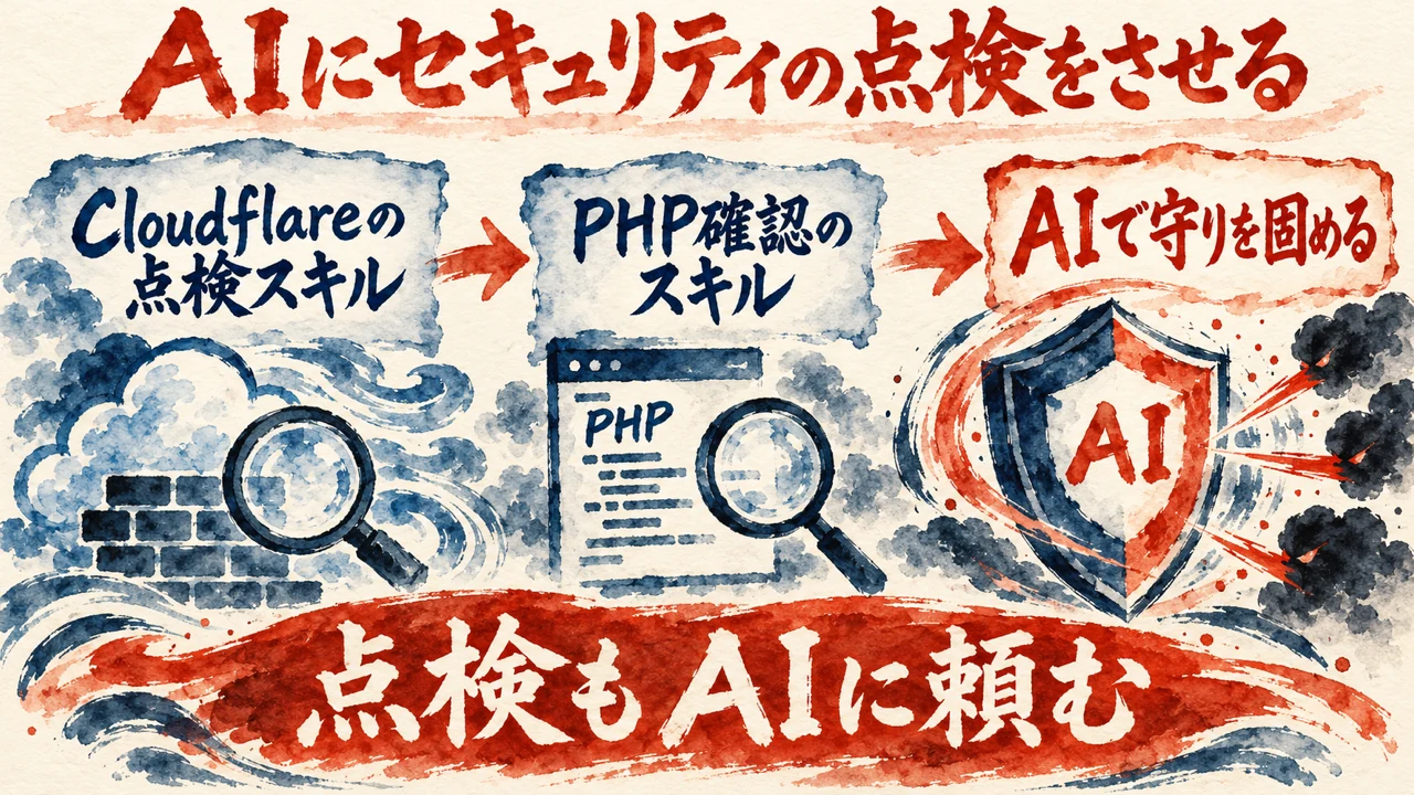 図解。Cloudflareの点検スキル、PHP確認のスキル、AIで守りを固める、の三つの札に、盾と虫眼鏡の水彩画が描かれている。見出しはAIにセキュリティの点検をさせる