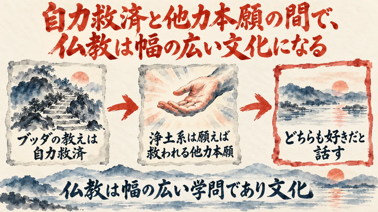 図解。ブッダの教えは自力救済、浄土系は願えば救われる他力本願、どちらも好きだと話す、の三つの札に、登る一本道と差し伸べられた手の水彩画が描かれている。見出しは、自力救済と他力本願の間で、仏教は幅の広い文化になる