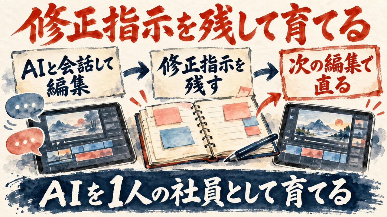 図解。AIと会話して編集する、修正指示を残す、次の編集で直る、の三つの札が矢印で並び、付箋の貼られた帳面の水彩画が添えられている