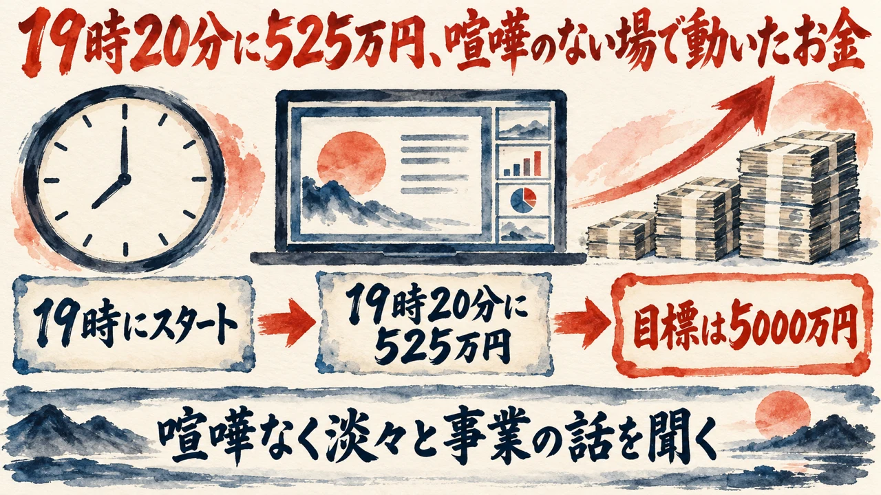 図解。19時にスタート、19時20分に525万円、目標は5000万円、の三つの札に、時計とノートパソコン、積み上がる札束の水彩画が描かれている。見出しは、19時20分に525万円、喧嘩のない場で動いたお金