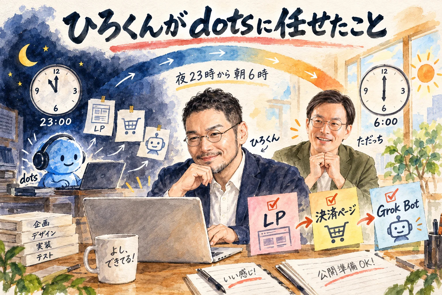 ひろくんとただっちがdotsに任せた仕事を語る場面のグラレコ