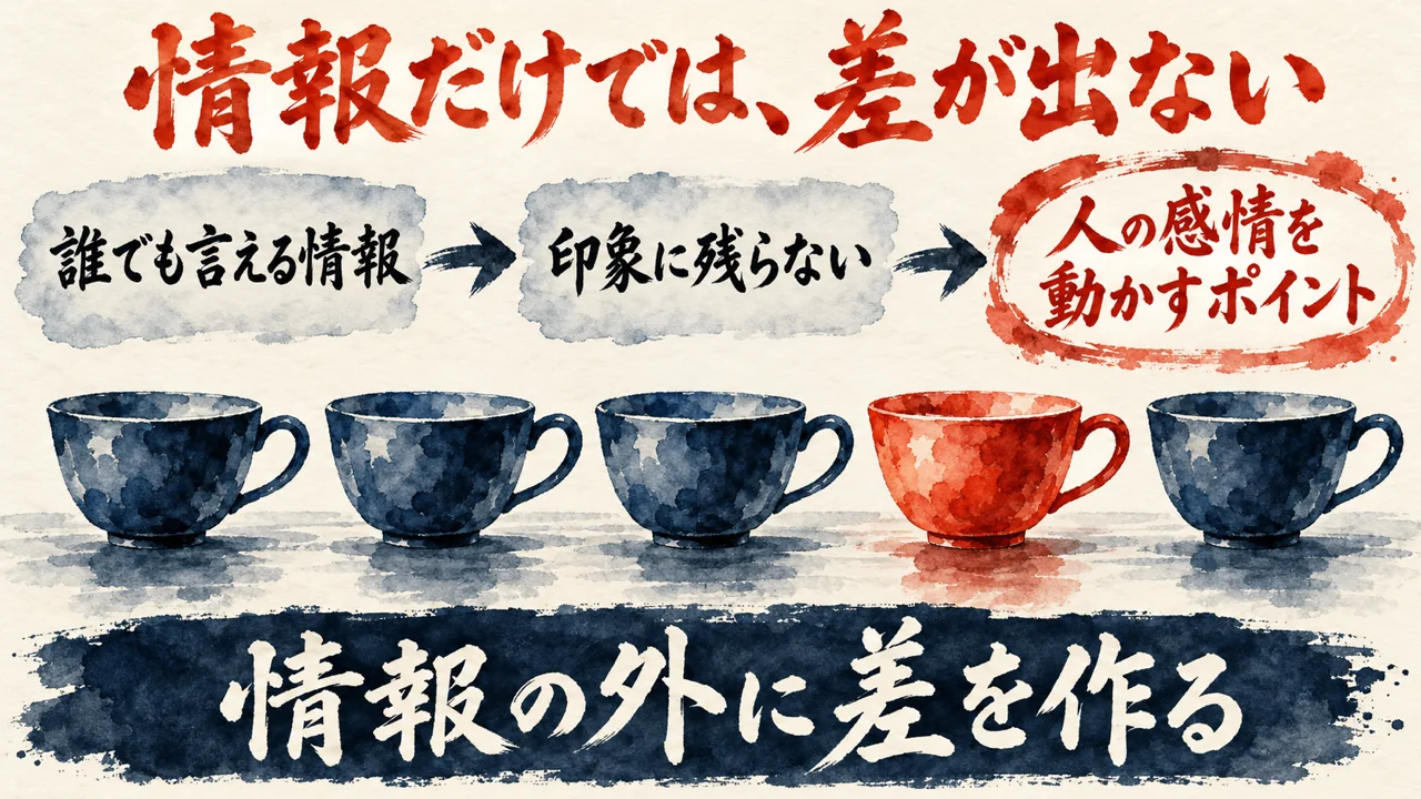 図解。誰でも言える情報、印象に残らない、人の感情を動かすポイント、の三つの札が矢印で並び、同じ形の青い湯のみが並ぶ中に一つだけ赤い湯のみがある水彩画が添えられている。下の帯に情報の外に差を作るの文字。見出しは情報だけでは、差が出ない