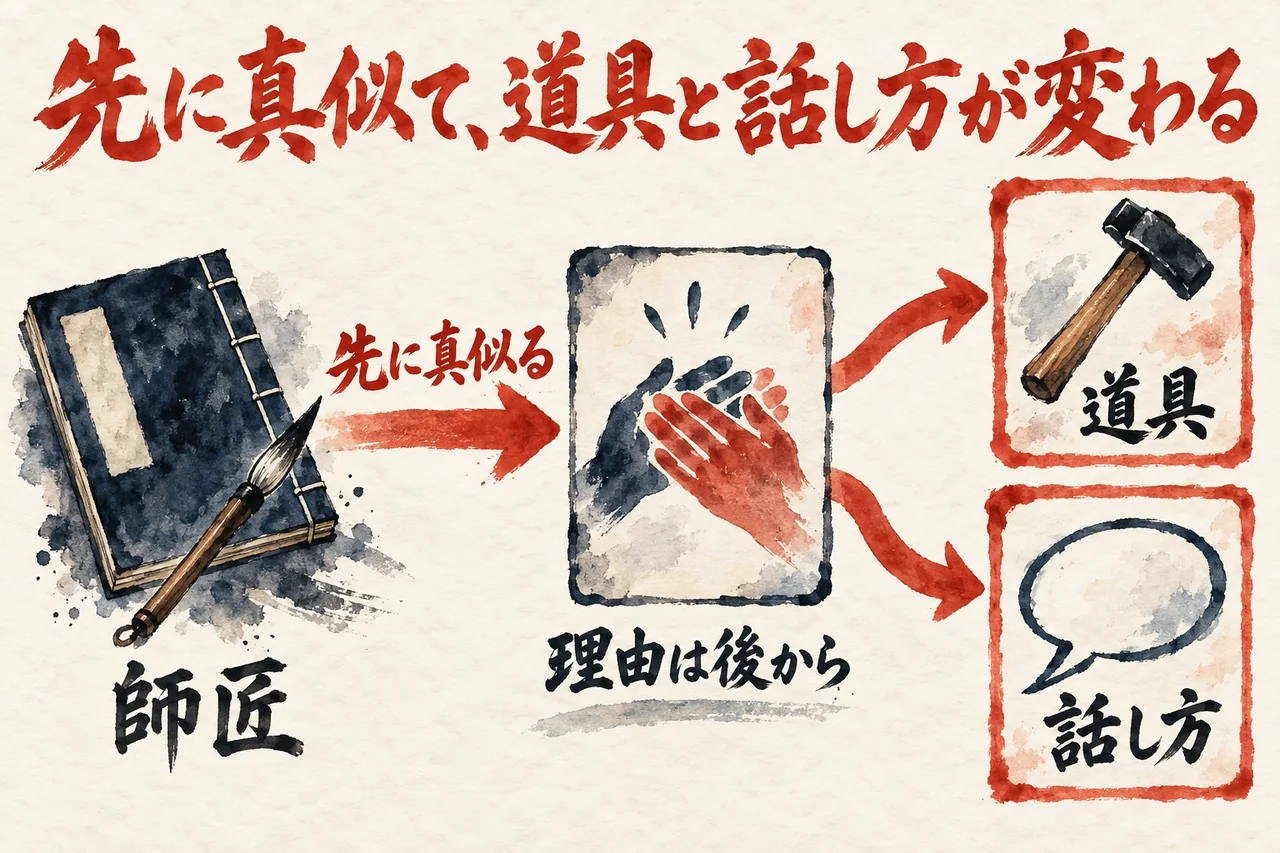 左の師匠から、先に真似る、の矢印で手を重ねた絵へ進み、理由は後から、と書かれている。そこから、右上の道具（金づち）と右下の話し方（吹き出し）に分かれる流れの図。