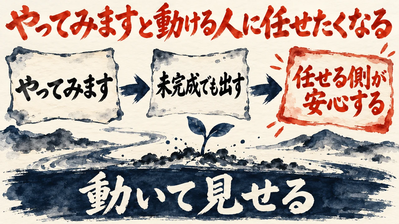 図解。やってみます、未完成でも出す、任せる側が安心する、の三つの札が矢印で並び、小さな芽の水彩画が添えられている。見出しはやってみますと動ける人に、任せたくなる