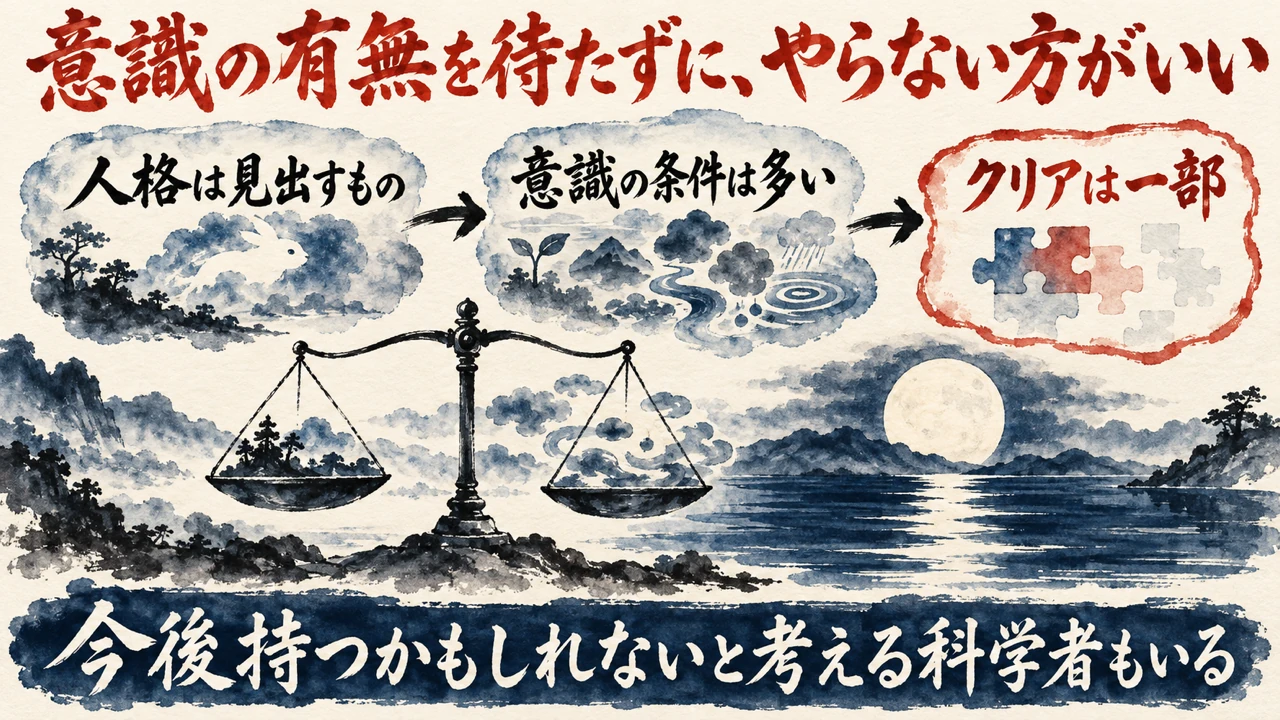 図解。人格は見出すもの、意識の条件は多い、クリアは一部、の三つの札に、天秤と水面に映る月の水彩画が描かれている。見出しは意識の有無を待たずに、やらない方がいい