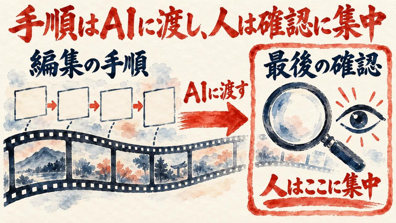 編集の手順をAIに渡し、人は最後の確認に集中する、と左右の領域で示す図解
