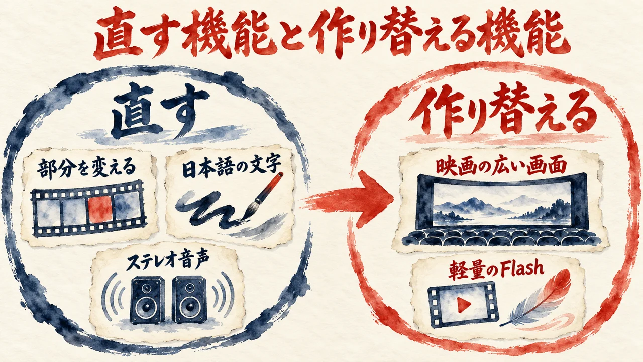 部分を変える、日本語の文字、ステレオ音声の直す機能と、映画の広い画面、軽量のFlashの作り替える機能を左右に分けた図解