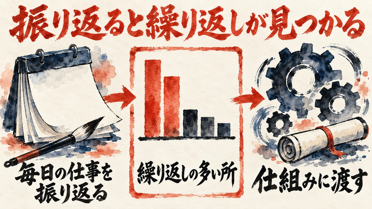 毎日の仕事を振り返る日めくり、繰り返しの多い所を示す棒の図、仕組みに渡す歯車と巻物が、矢印でつながる図解
