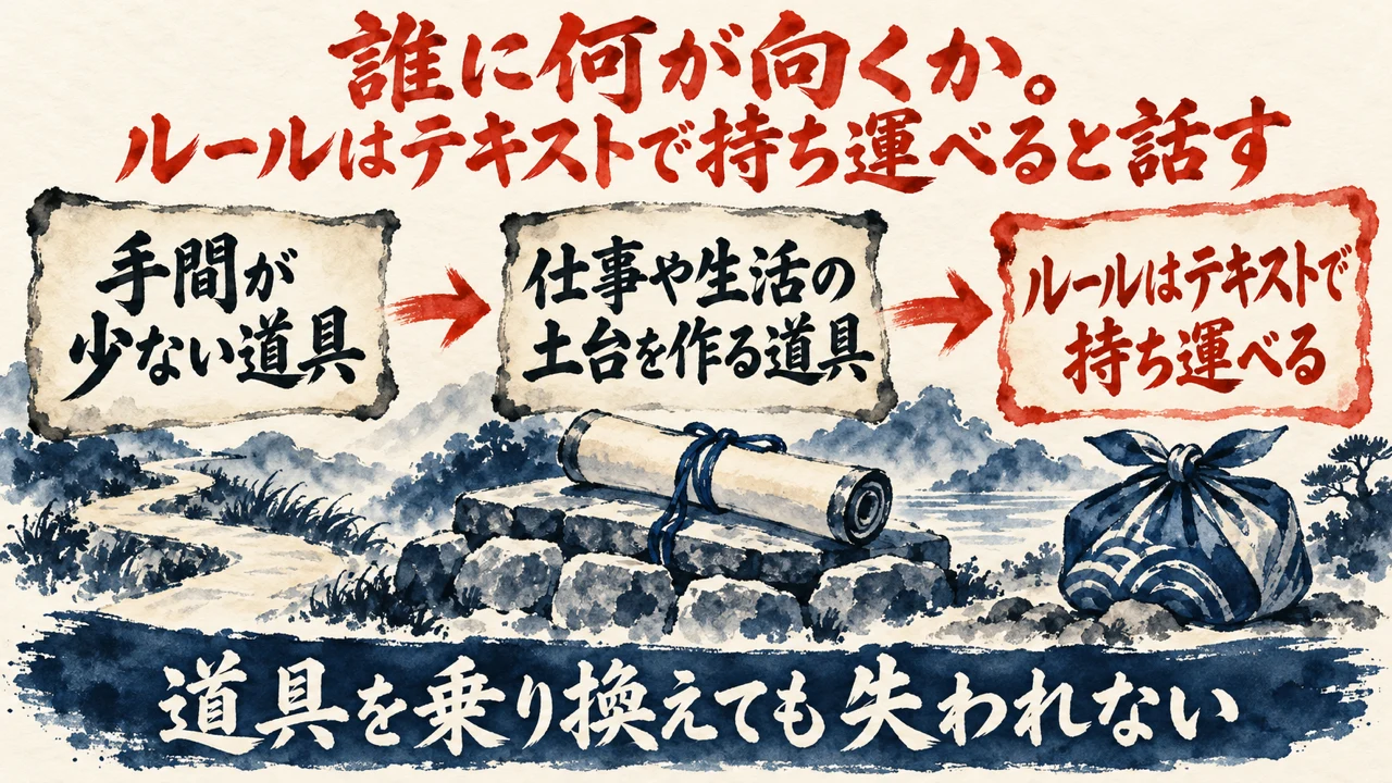 図解。手間が少ない道具、仕事や生活の土台を作る道具、ルールはテキストで持ち運べる、の三つの札に、巻物と風呂敷の水彩画が描かれている。見出しは、誰に何が向くか。ルールはテキストで持ち運べると話す