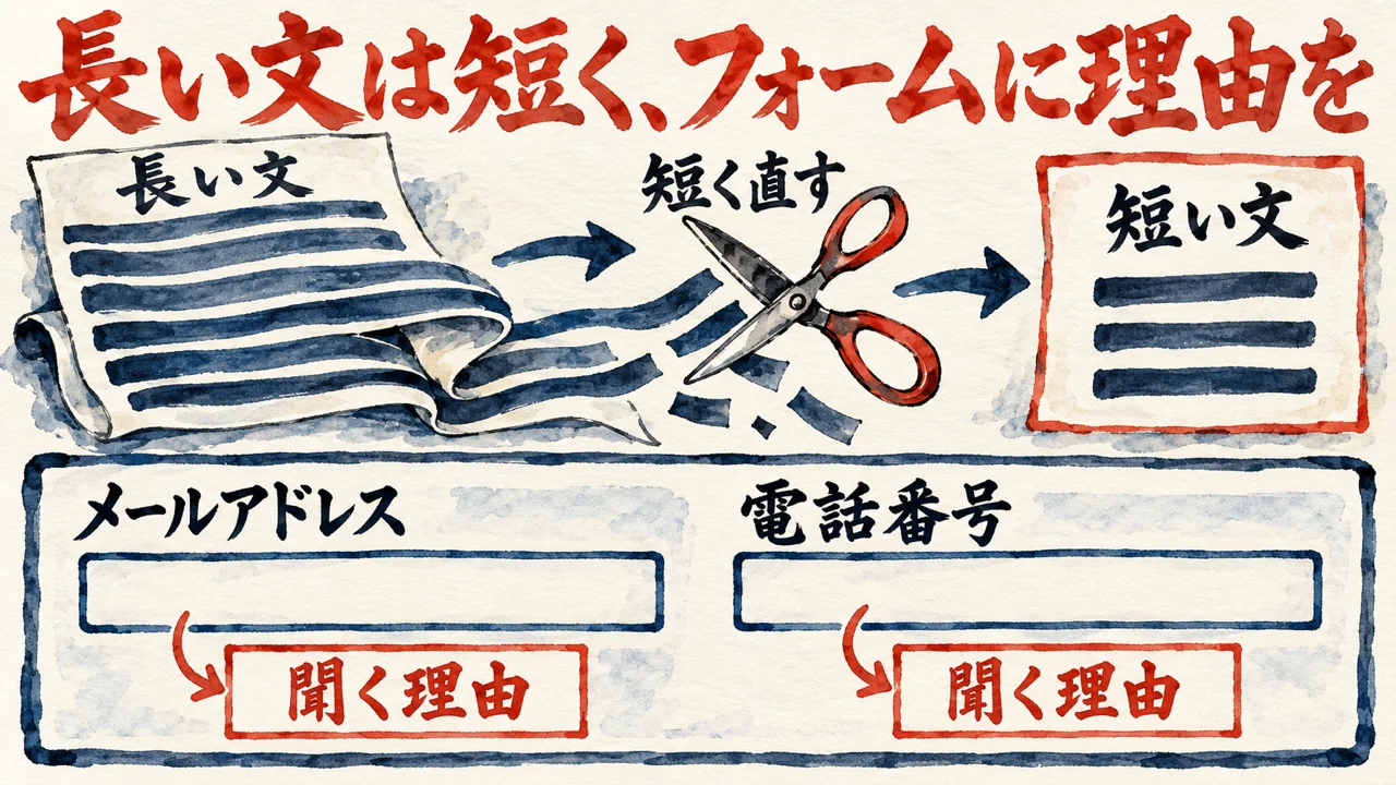 長い文をはさみで短い文に直す流れと、フォームのメールアドレスと電話番号の欄に聞く理由を添える様子を描いた図解