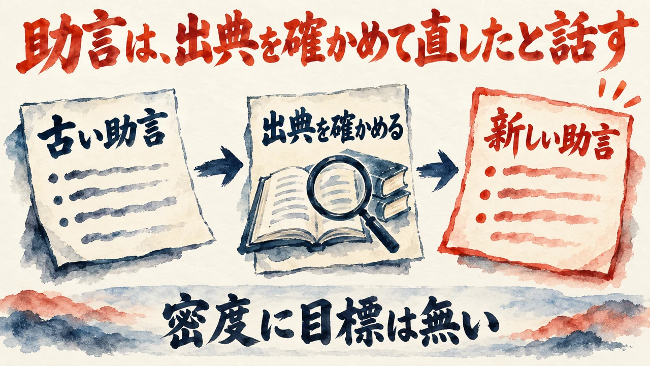 図解。古い助言、出典を確かめる、新しい助言、の三つの札が矢印で並び、書き直した付箋の水彩画が描かれている。見出しは、助言は、出典を確かめて直したと話す